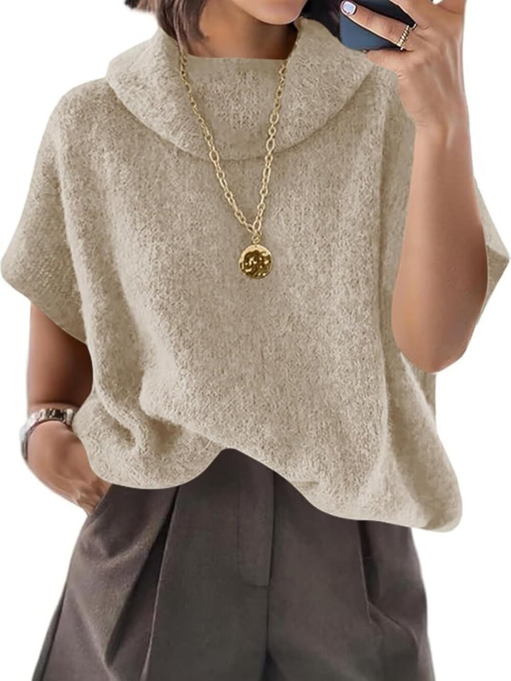 Women's Beige Short Batwing Sleeve Loose Fit Lightweight Turtleneck Sweaters